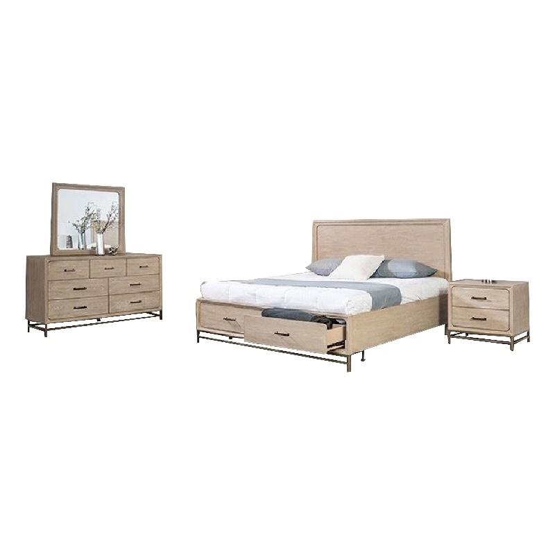 Benjara Rozie 5pc Queen Bedroom Set with Mirror- 2 Nightstand- Light Oak Brown
