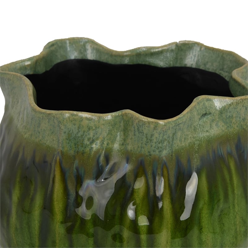 Benjara Balie Accent Vase- Green Ceramic Irregular Top Edge- Modern 10 Inch