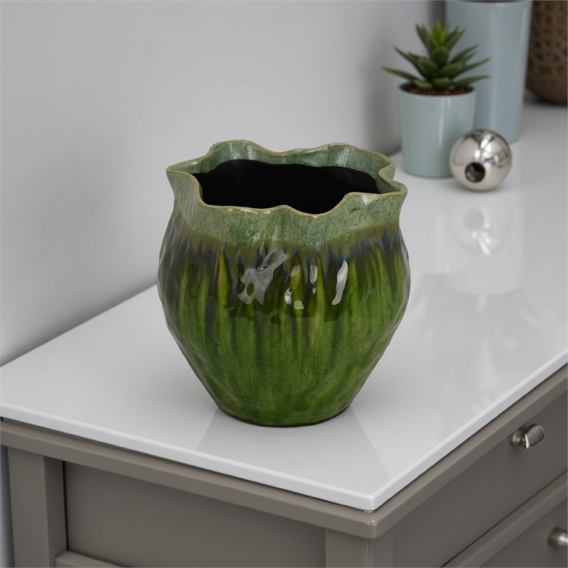 Benjara Balie Accent Vase- Green Ceramic Irregular Top Edge- Modern 10 Inch