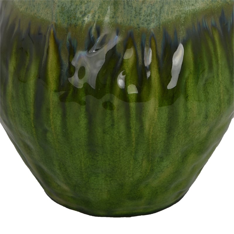 Benjara Balie Accent Vase- Green Ceramic Irregular Top Edge- Modern 10 Inch