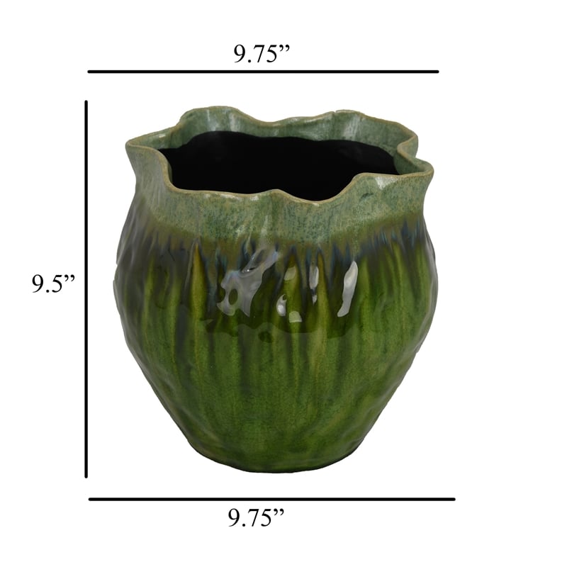 Benjara Balie Accent Vase- Green Ceramic Irregular Top Edge- Modern 10 Inch