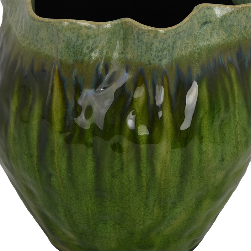 Benjara Balie Accent Vase- Green Ceramic Irregular Top Edge- Modern 10 Inch