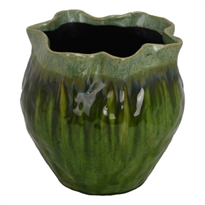 Benjara Balie Accent Vase- Green Ceramic Irregular Top Edge- Modern 10 Inch