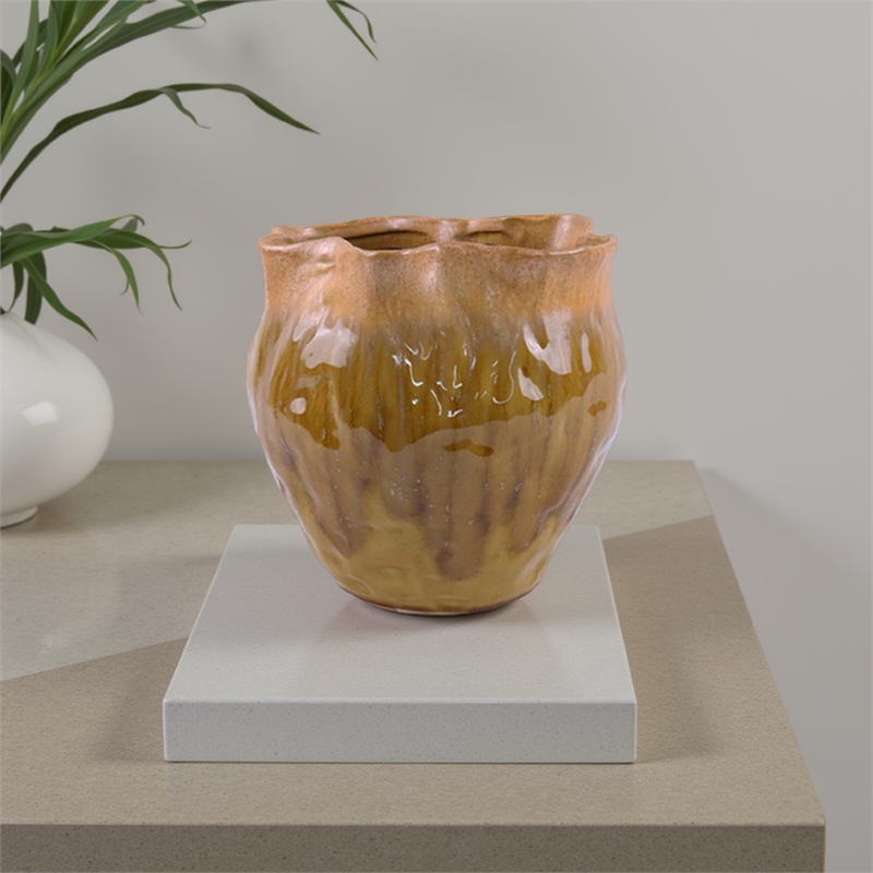 Benjara Balie Accent Vase- Brown Ceramic- Irregular Top Edge- Modern 10 Inch