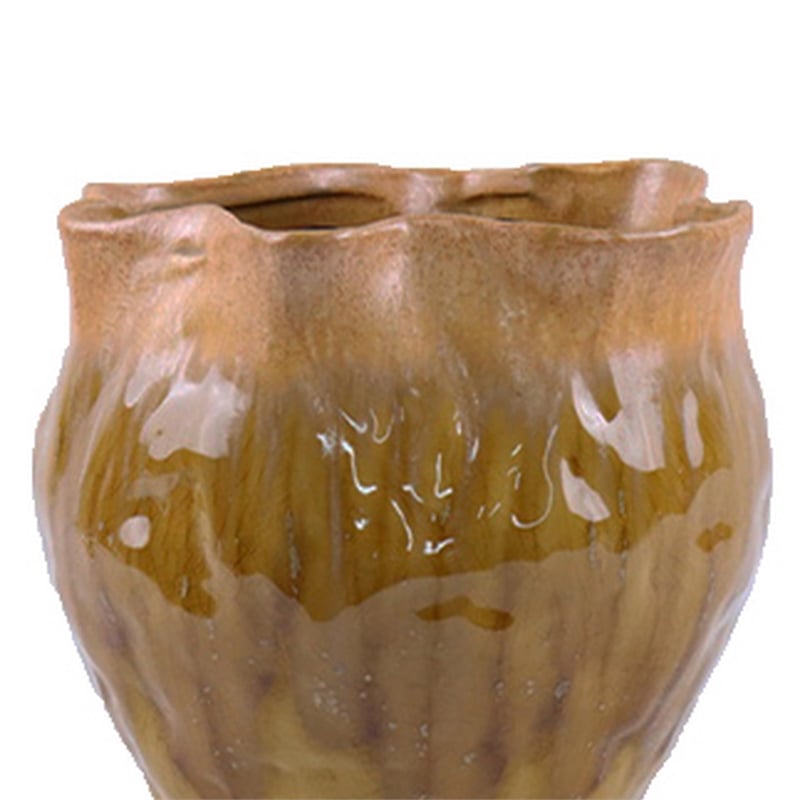 Benjara Balie Accent Vase- Brown Ceramic- Irregular Top Edge- Modern 10 Inch