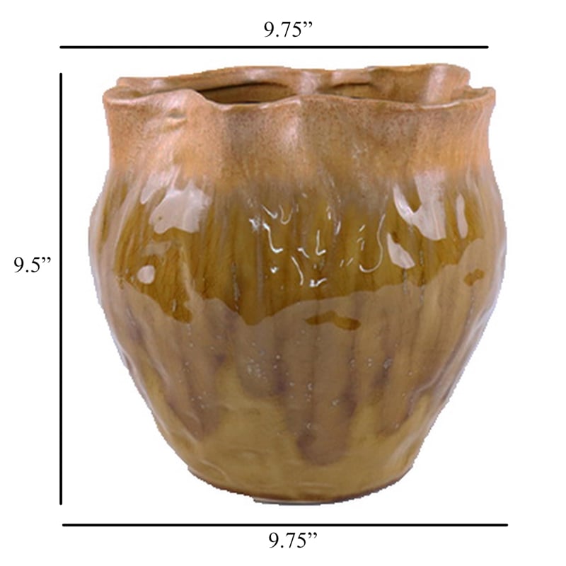 Benjara Balie Accent Vase- Brown Ceramic- Irregular Top Edge- Modern 10 Inch