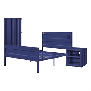 Benjara Dua Recessed Panel Pattern 3 PC Full Bedroom Set - Blue Metal