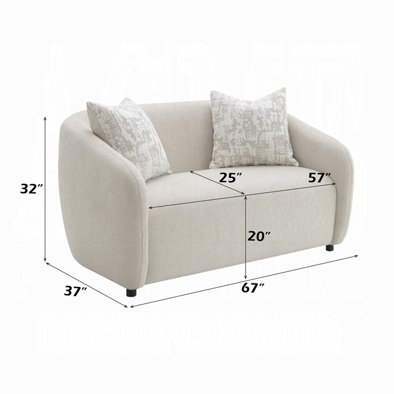 Benjara Tiena Loveseat- 2 Accent Throw Pillows- Modern Beige Linen- 67 Inch