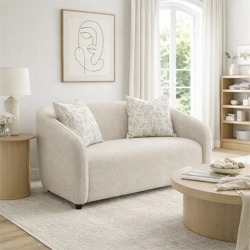 Benjara Tiena Loveseat- 2 Accent Throw Pillows- Modern Beige Linen- 67 Inch