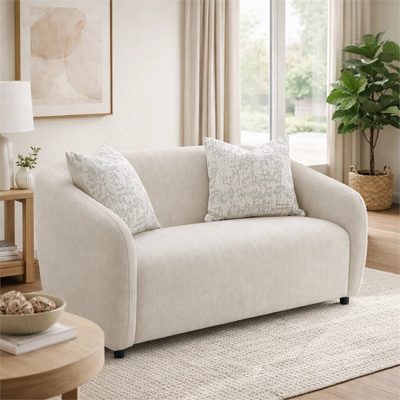 Benjara Tiena Loveseat- 2 Accent Throw Pillows- Modern Beige Linen- 67 Inch