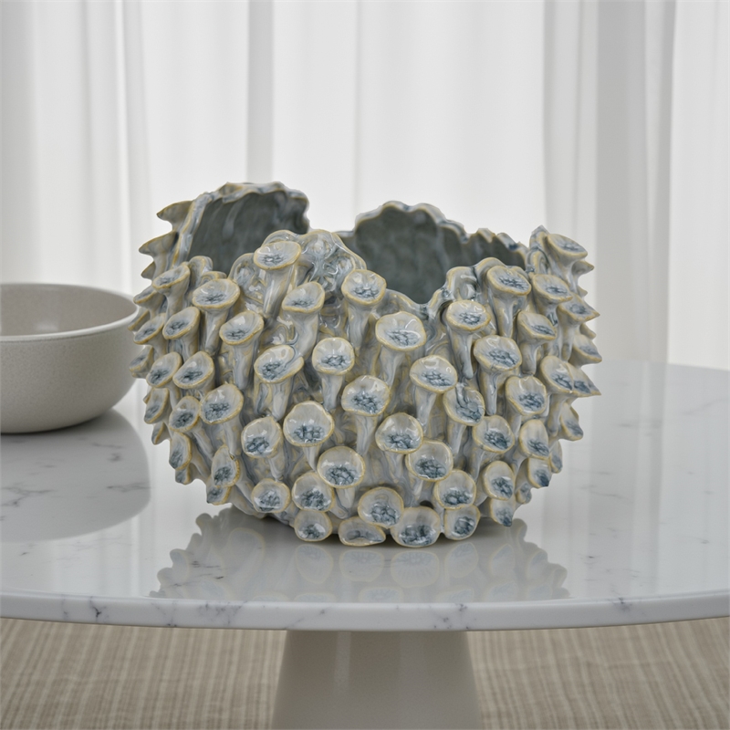 Benjara Nina Decorative Bowl- Light Blue- Textured Coral Gray Ceramic- 11 Inch