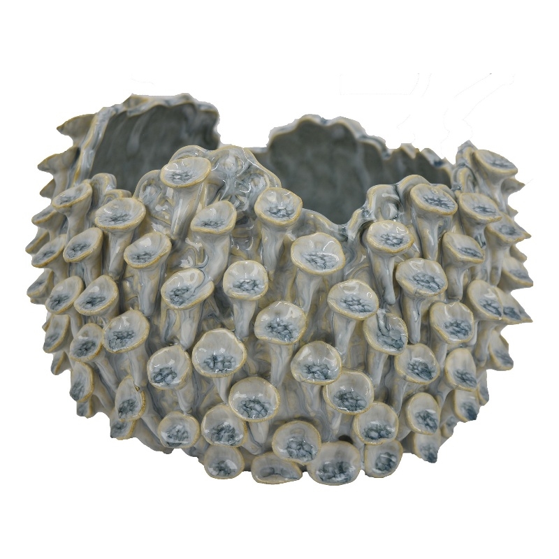 Benjara Nina Decorative Bowl- Light Blue- Textured Coral Gray Ceramic- 11 Inch