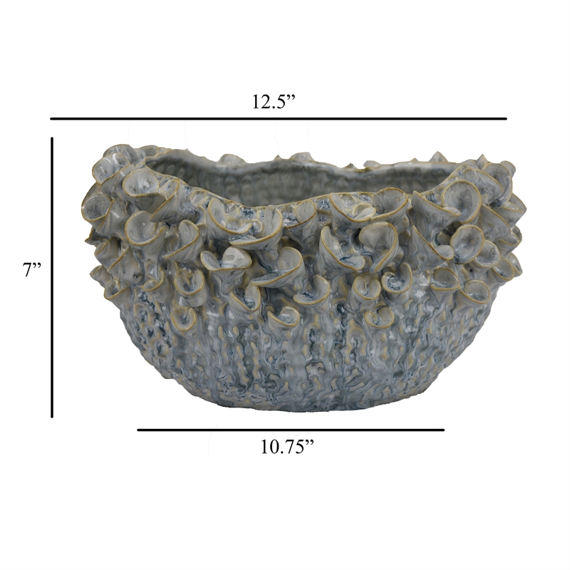 Benjara Nina Decorative Bowl- Light Blue- Textured Floral Gray Ceramic 13 Inch