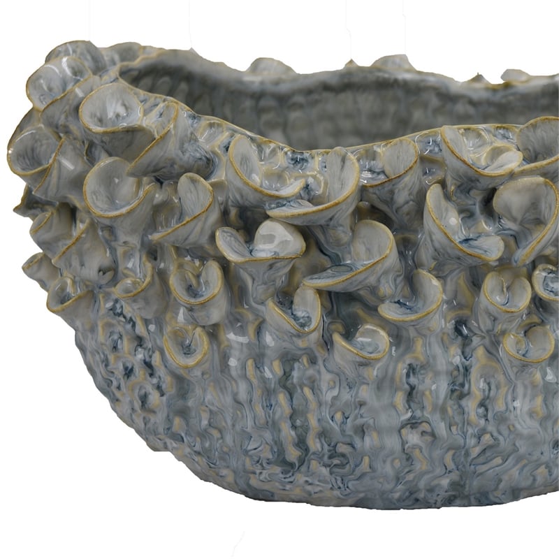 Benjara Nina Decorative Bowl- Light Blue- Textured Floral Gray Ceramic 13 Inch