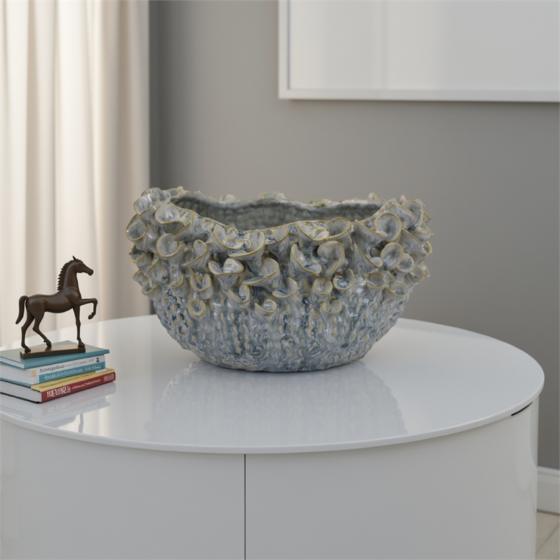 Benjara Nina Decorative Bowl- Light Blue- Textured Floral Gray Ceramic 13 Inch