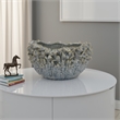 Benjara Nina Decorative Bowl- Light Blue- Textured Floral Gray Ceramic 13 Inch