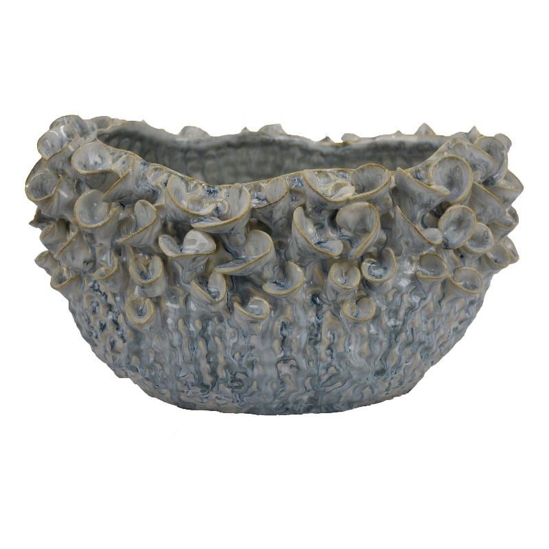 Benjara Nina Decorative Bowl- Light Blue- Textured Floral Gray Ceramic 13 Inch