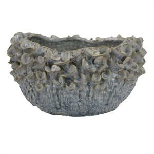 Benjara Nina Decorative Bowl- Light Blue- Textured Floral Gray Ceramic 13 Inch
