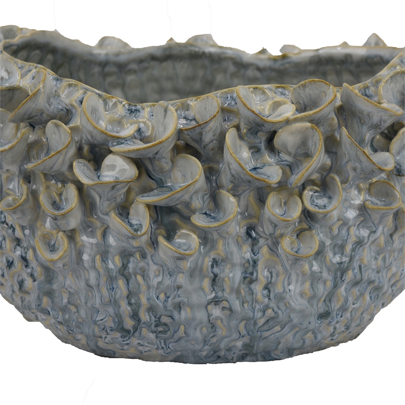 Benjara Nina Decorative Bowl- Light Blue- Textured Floral Gray Ceramic 13 Inch