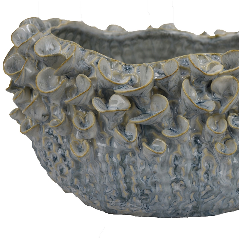 Benjara Nina Decorative Bowl- Light Blue- Textured Floral Gray Ceramic 13 Inch