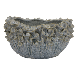 Benjara Nina Decorative Bowl- Light Blue- Textured Floral Gray Ceramic 13 Inch