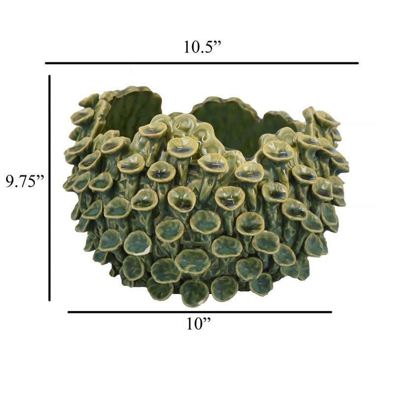 Benjara Nina Decorative Bowl- Textured Green Ceramic- Abstract Coral- 11 Inch