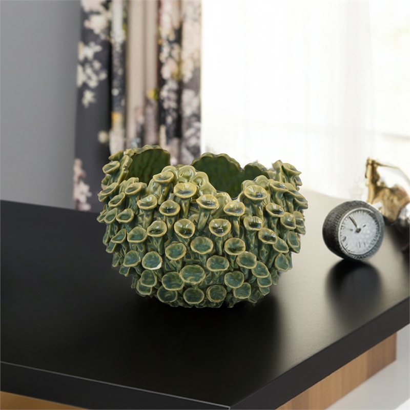 Benjara Nina Decorative Bowl- Textured Green Ceramic- Abstract Coral- 11 Inch