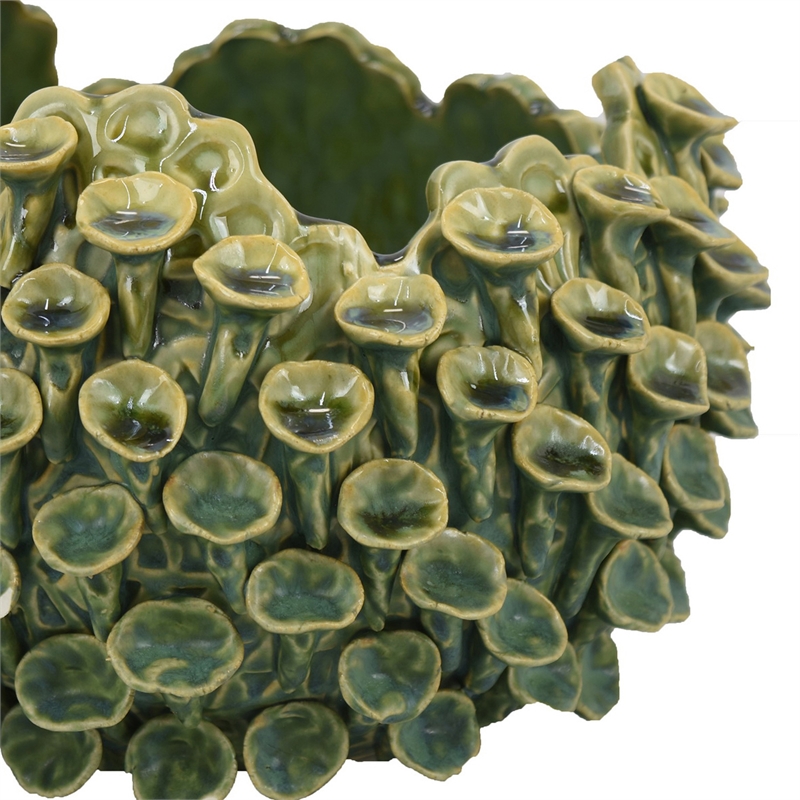 Benjara Nina Decorative Bowl- Textured Green Ceramic- Abstract Coral- 11 Inch