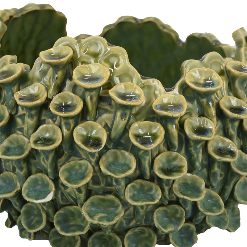 Benjara Nina Decorative Bowl- Textured Green Ceramic- Abstract Coral- 11 Inch