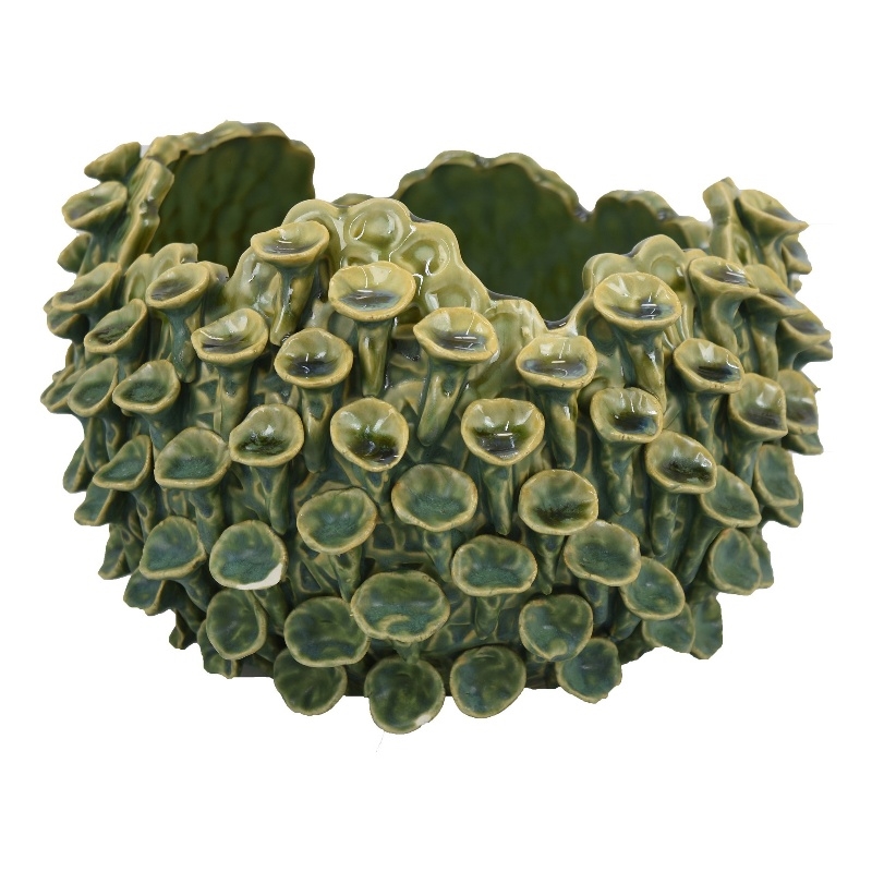 Benjara Nina Decorative Bowl- Textured Green Ceramic- Abstract Coral- 11 Inch