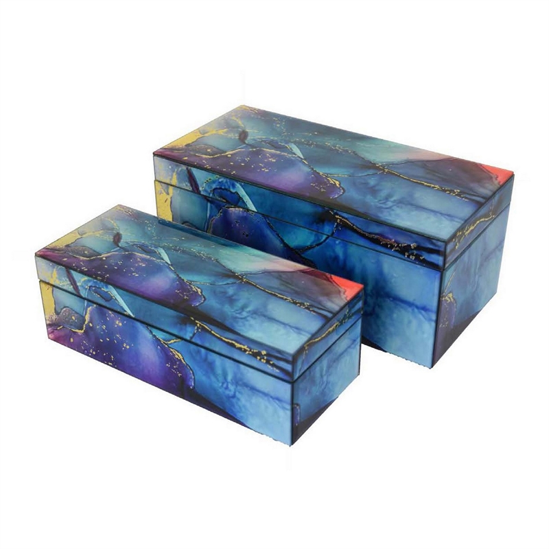 Benjara Dory Decorative Box Set of 2- Blue Gold Faux Agate Stone Accent Glass
