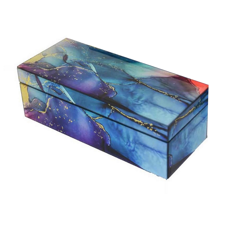 Benjara Dory Decorative Box Set of 2- Blue Gold Faux Agate Stone Accent Glass