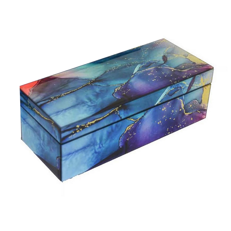 Benjara Dory Decorative Box Set of 2- Blue Gold Faux Agate Stone Accent Glass