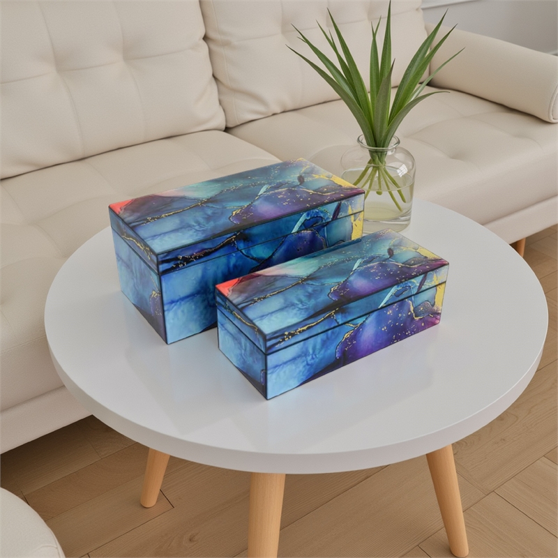 Benjara Dory Decorative Box Set of 2- Blue Gold Faux Agate Stone Accent Glass