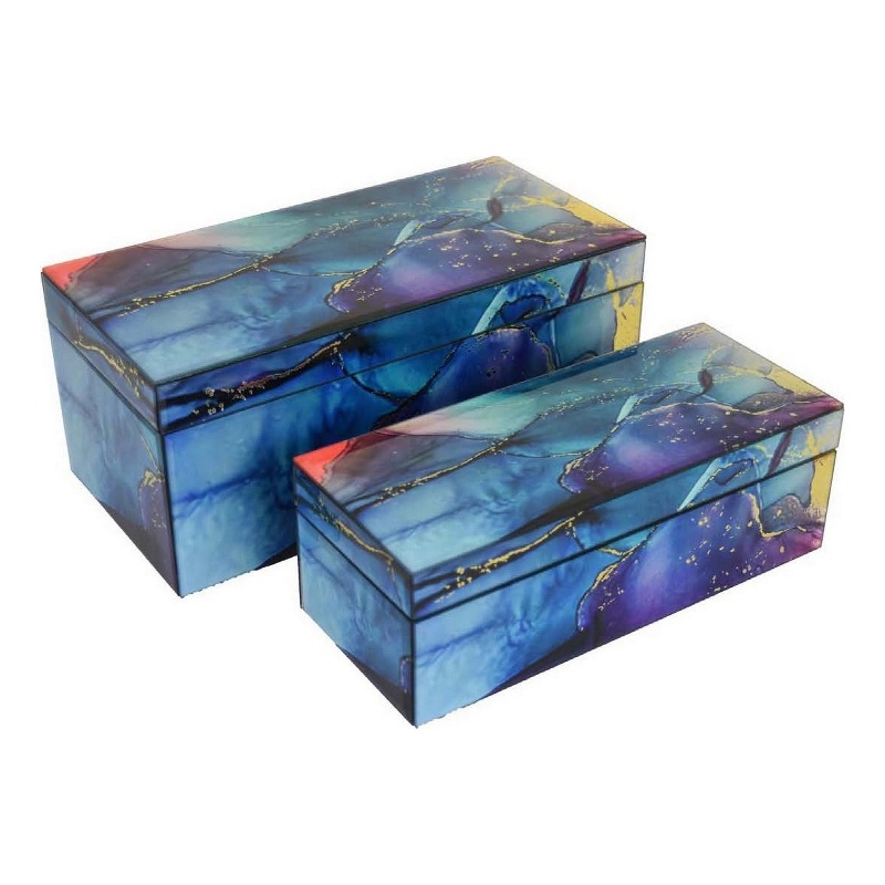 Benjara Dory Decorative Box Set of 2- Blue Gold Faux Agate Stone Accent Glass