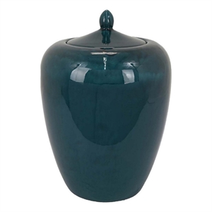 Benjara Decorative Jar- 19&quot Teal Green Ceramic Body- Lid with Storage