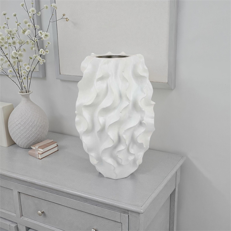 Benjara Decorative Vase- White Ceramic- Textured 19