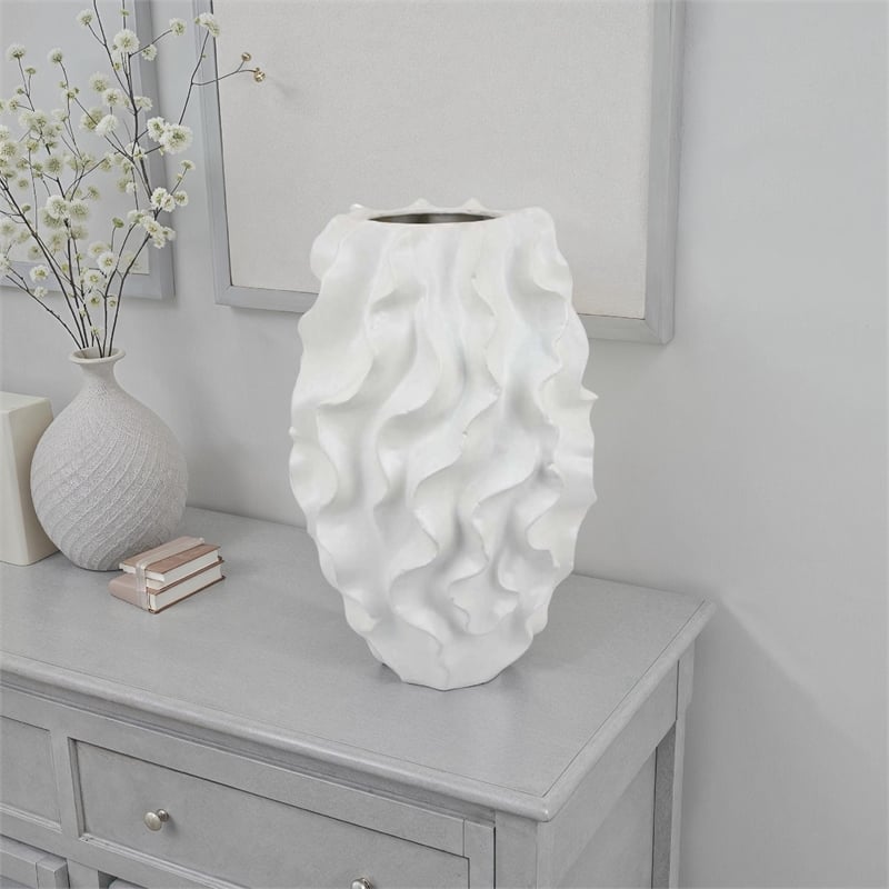 Benjara Decorative Vase- White Ceramic- Textured 19