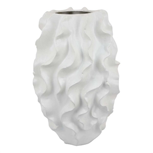 Benjara Decorative Vase- White Ceramic- Textured 19&quot Curved Wave Design