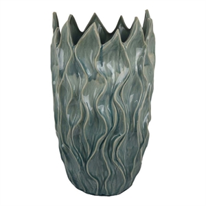 Benjara Esen Decorative Vase- Abstract Wave Design- 22&quot Green Ceramic