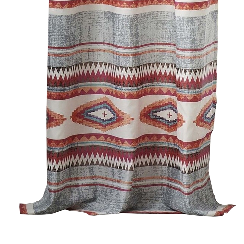 Benjara Pimi 2 Panel Curtain Set- Boho Stripes Red White Gray- Microfiber