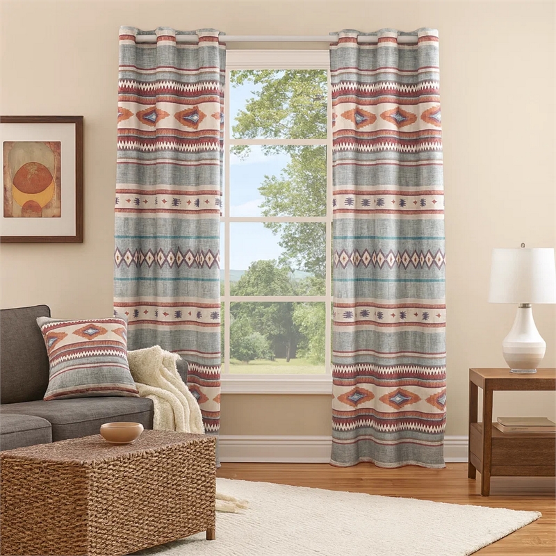 Benjara Pimi 2 Panel Curtain Set- Boho Stripes Red White Gray- Microfiber