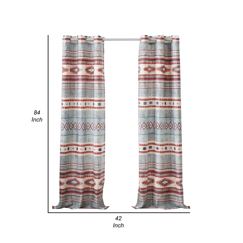 Benjara Pimi 2 Panel Curtain Set- Boho Stripes Red White Gray- Microfiber