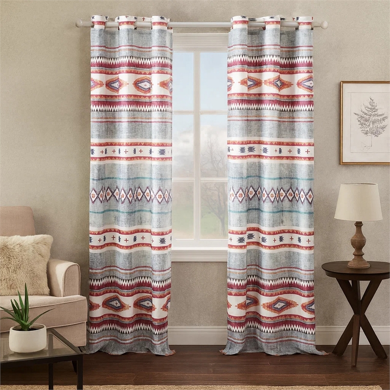 Benjara Pimi 2 Panel Curtain Set- Boho Stripes Red White Gray- Microfiber