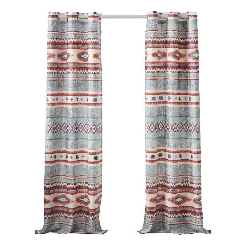 Benjara Pimi 2 Panel Curtain Set- Boho Stripes Red White Gray- Microfiber