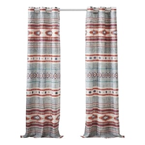 Benjara Pimi 2 Panel Curtain Set- Boho Stripes Red White Gray- Microfiber