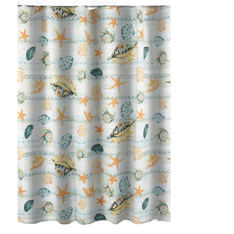Benjara Carie Shower Curtain- 72 Inch- Fun Coastal Seashell Print Microfiber
