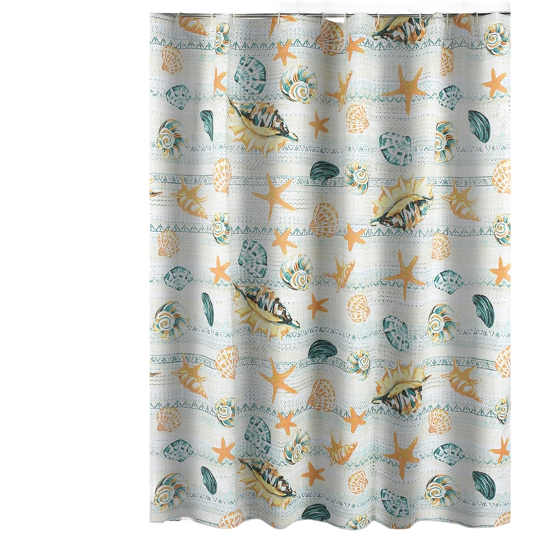 Benjara Carie Shower Curtain- 72 Inch- Fun Coastal Seashell Print Microfiber