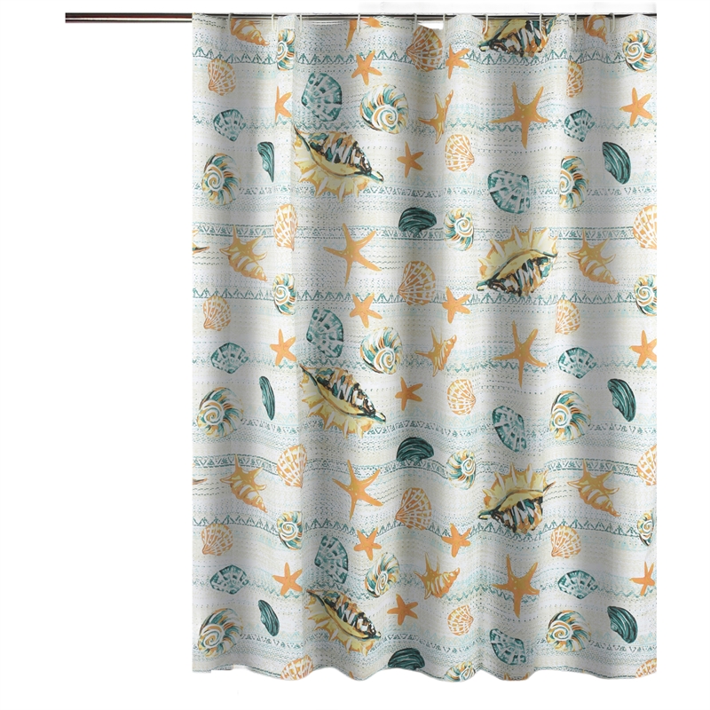 Benjara Carie Shower Curtain- 72 Inch- Fun Coastal Seashell Print Microfiber