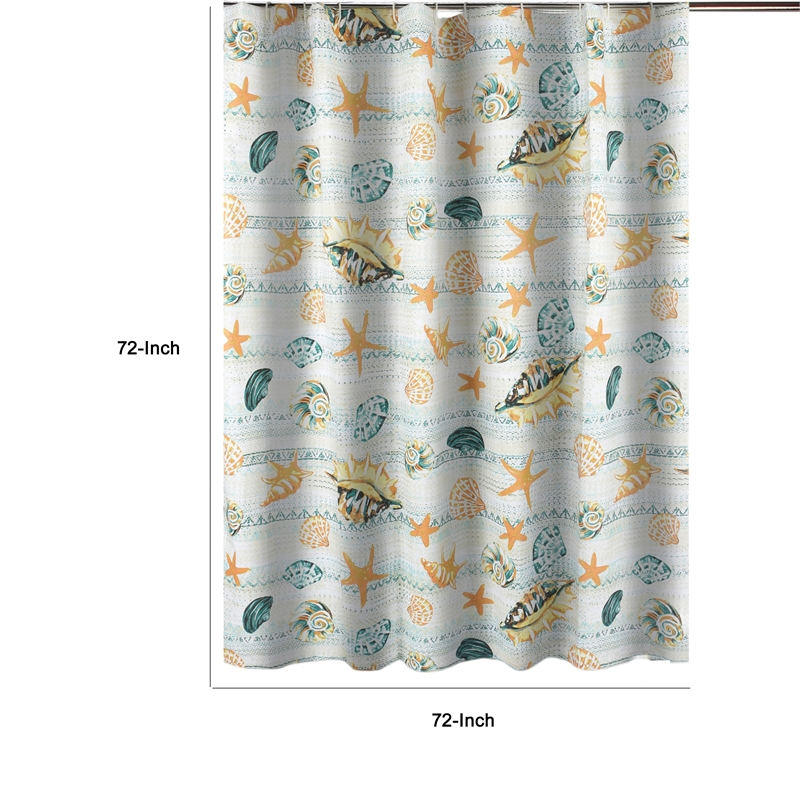 Benjara Carie Shower Curtain- 72 Inch- Fun Coastal Seashell Print Microfiber